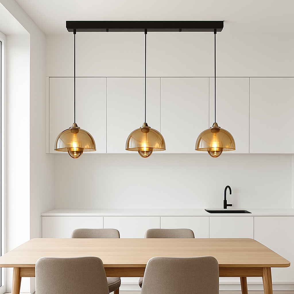 Hanglamp Trio — drie kappen van amberkleurig glas — afbeelding 3