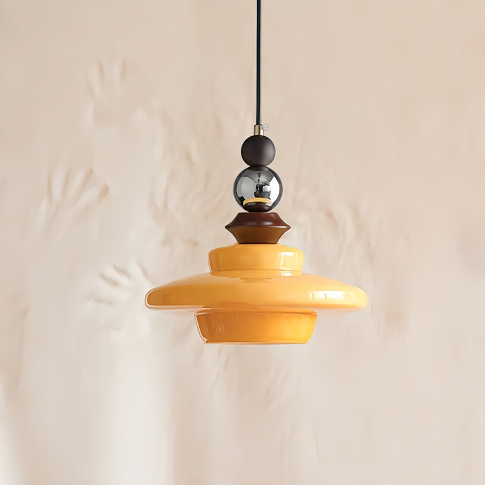 Hanglamp Beigeglas — glas en hout, 32 cm, E27 — afbeelding 1