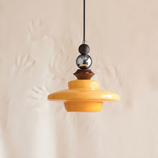 Hanglamp Beigeglas — glas en hout, 32 cm, E27 — afbeelding 1