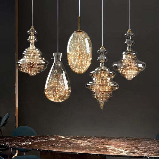 Hanglamp Grijs glas — messing, driekleurig licht — afbeelding 1