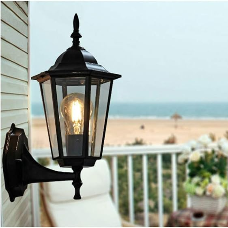 Buitenwandlamp Retro — zwart metaal en helder glas — afbeelding 2