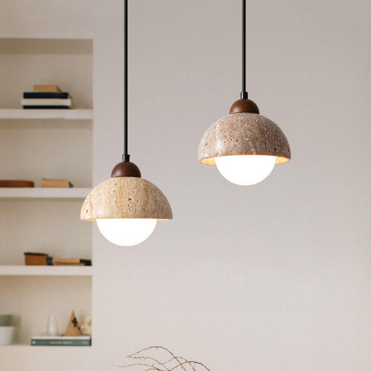 Hanglamp Marmer — notenhout en steen, 15 cm — afbeelding 1