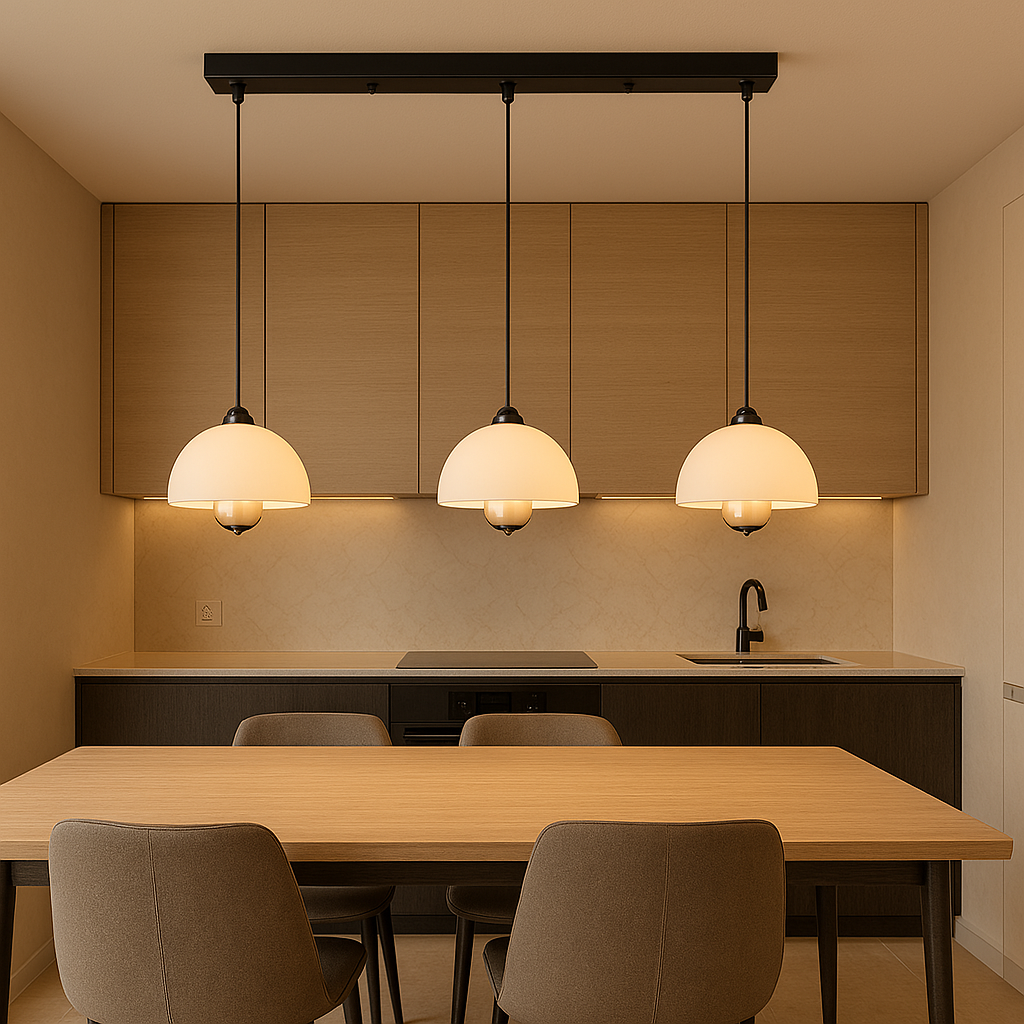 Hanglamp Trio — drie kappen van amberkleurig glas — afbeelding 2