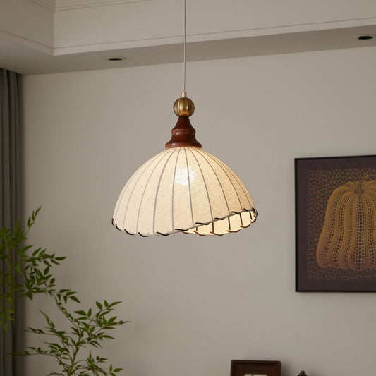 Hanglamp Eldora — geplooide stoffen kap, hout en metaal — afbeelding 1