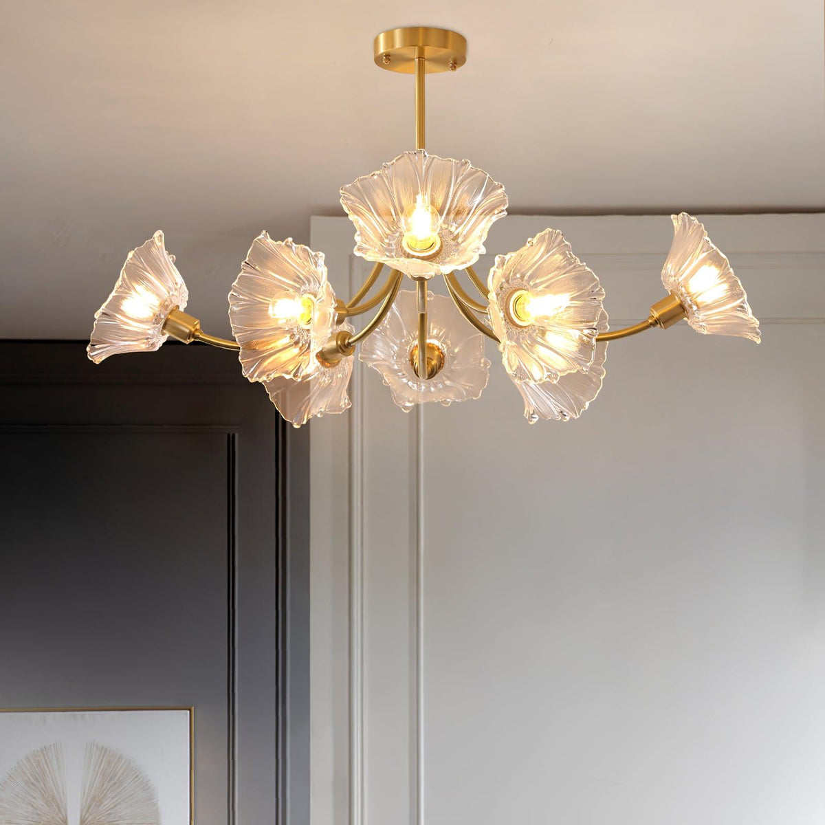 Kroonluchter Glasblad — messing, drie tot acht lampen — afbeelding 4