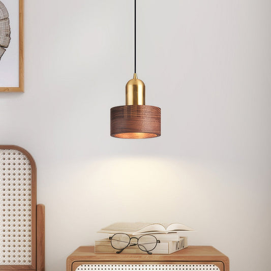 Hanglamp Cilinder — messing, notenhout en acryl — afbeelding 1