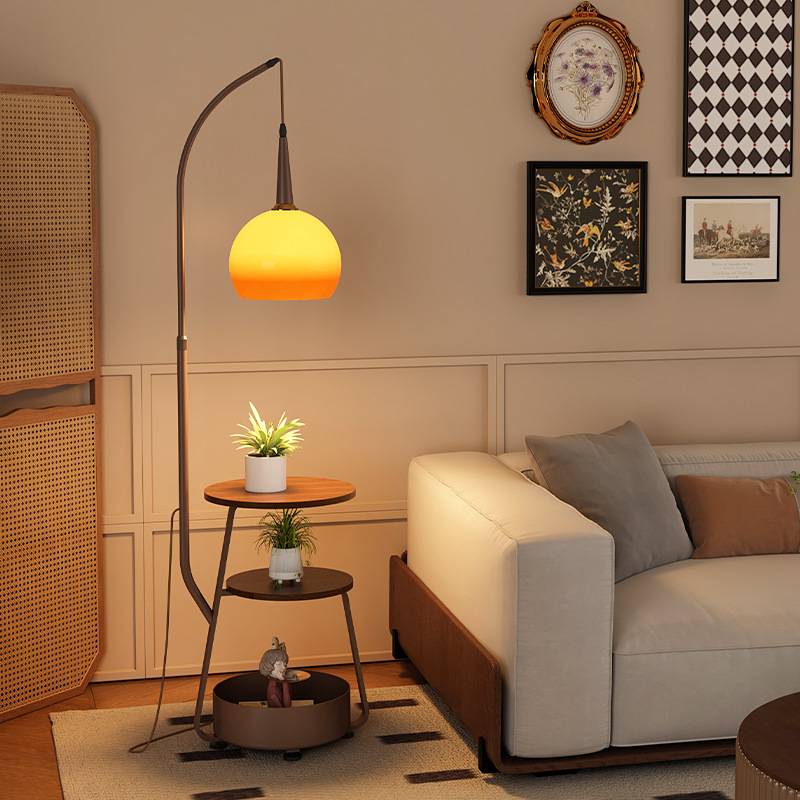 Vloerlamp Bijzettafel — hout, glas en metaal, H 160 cm — afbeelding 1