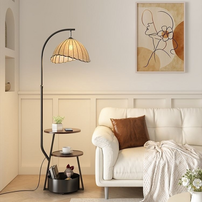 Vloerlamp Japans — met bijzettafel, hout en stof — afbeelding 1
