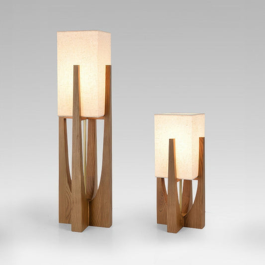 Vloerlamp Notenhout — linnen kap, Japanse stijl — afbeelding 1