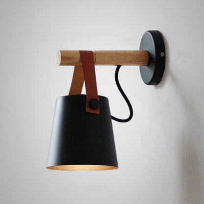 Wandlamp Kegel — hout en leer, fitting E27 — afbeelding 1