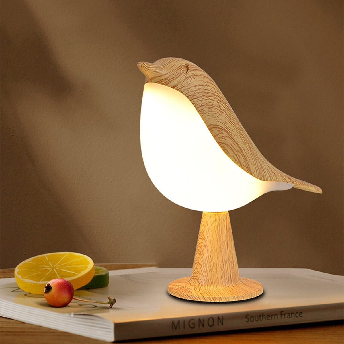 Tafellamp Vormlux Merel — stoffen kap, vogelmotief — afbeelding 1