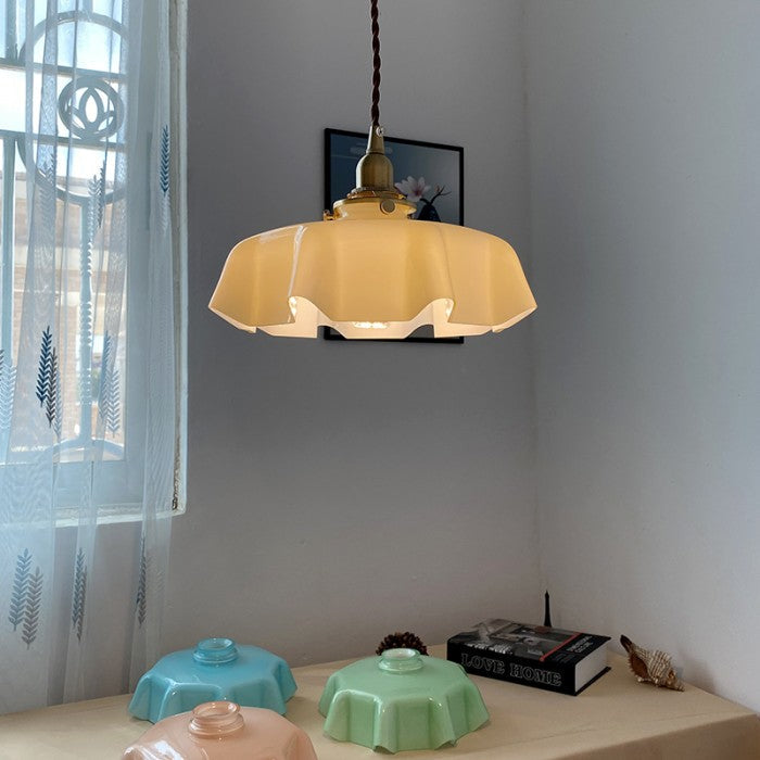 Hanglamp Bloemkelk — glas en messing, crèmekleur — afbeelding 5