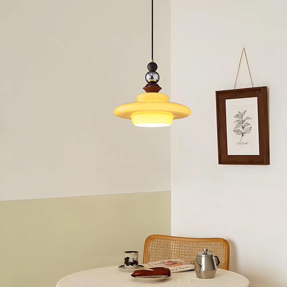 Hanglamp Beigeglas — glas en hout, 32 cm, E27 — afbeelding 2