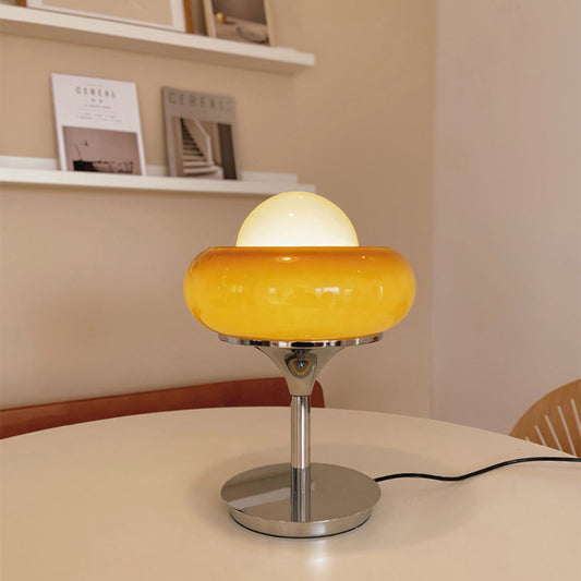 Tafellamp Bauhaus — geel glas op ijzeren voet — afbeelding 1